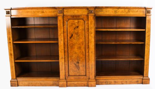 fig 1. Antique Victorian Burr Walnut & Inlaid Breakfront Open Bookcase 19th C
