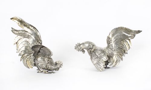Antique Pair German Silver Fighting Cockerels C 1880 19th C
