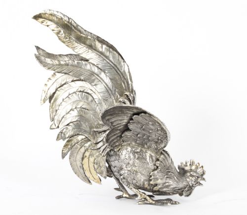 fig 1. Antique Pair German Silver Fighting Cockerels C 1880 19th C
