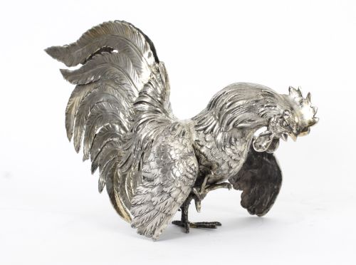 fig 2. Antique Pair German Silver Fighting Cockerels C 1880 19th C
