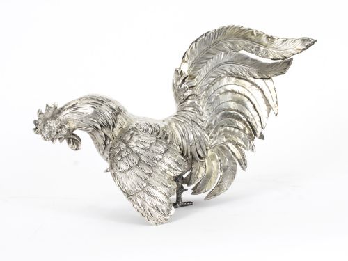 fig 3. Antique Pair German Silver Fighting Cockerels C 1880 19th C
