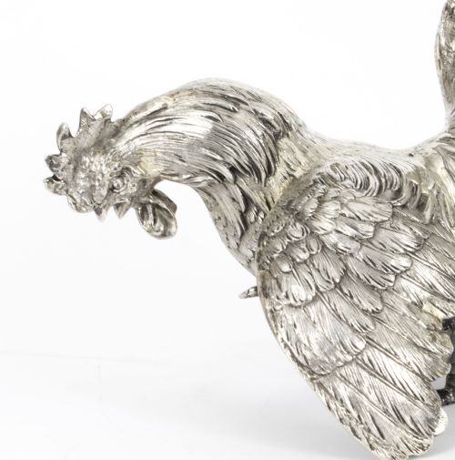 fig 4. Antique Pair German Silver Fighting Cockerels C 1880 19th C
