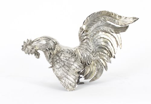 fig 5. Antique Pair German Silver Fighting Cockerels C 1880 19th C
