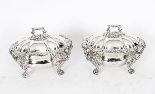 fig 1. Antique Pair Old Sheffield Oval Sauce Tureens & Covers C1820 19th Century