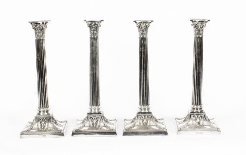 Antique Set 4 Silver Plated Candlesticks by Walker and Hall 19th C
