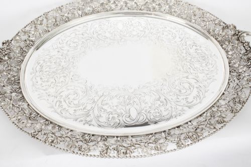 ANTIQUE MONUMENTAL VICTORIAN OVAL SILVER PLATED TRAY C1870 19TH CENTURY - ADDITIONAL PHOTO 1