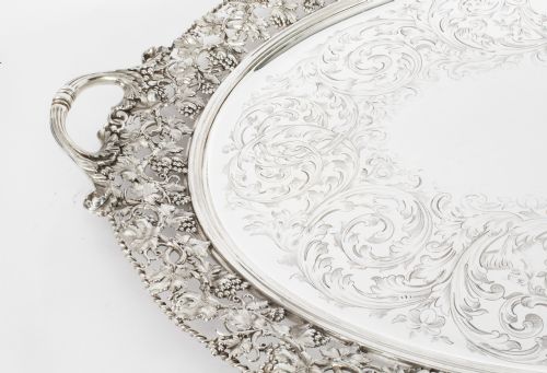 ANTIQUE MONUMENTAL VICTORIAN OVAL SILVER PLATED TRAY C1870 19TH CENTURY - ADDITIONAL PHOTO 2