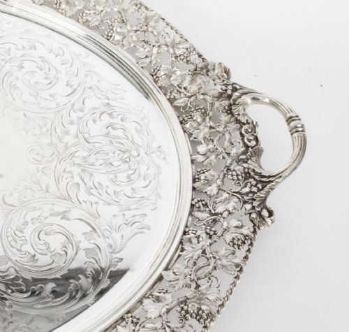 ANTIQUE MONUMENTAL VICTORIAN OVAL SILVER PLATED TRAY C1870 19TH CENTURY - ADDITIONAL PHOTO 3