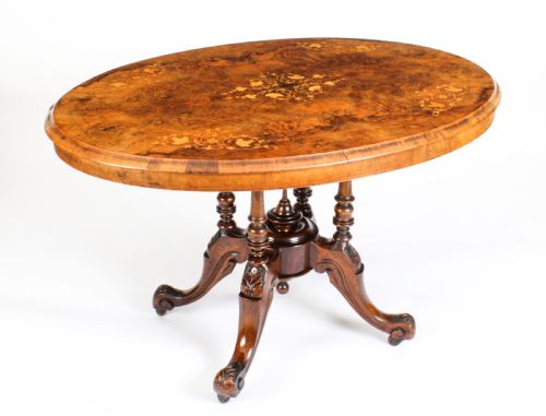 Antique Burr Walnut Oval Tilt Top Loo Table Circa 1860 19th Century
