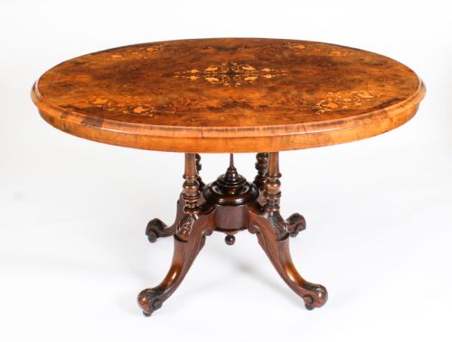 fig 1. Antique Burr Walnut Oval Tilt Top Loo Table Circa 1860 19th Century