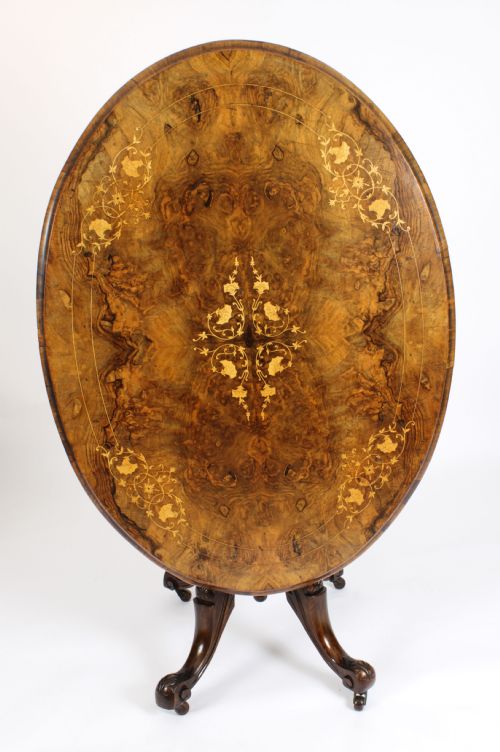 fig 2. Antique Burr Walnut Oval Tilt Top Loo Table Circa 1860 19th Century