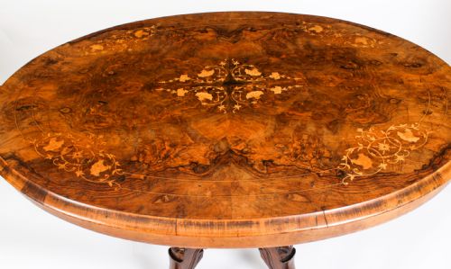 fig 3. Antique Burr Walnut Oval Tilt Top Loo Table Circa 1860 19th Century