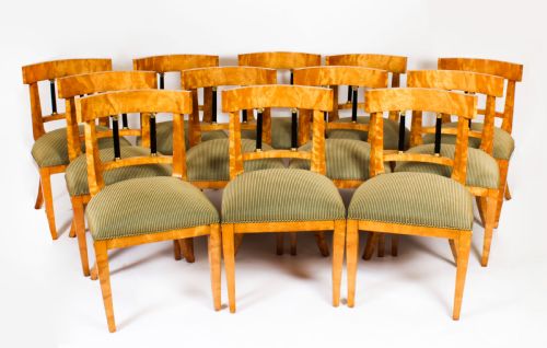 Antique Set 12 Swedish Biedermeier Birch Dining Chairs 19th C
