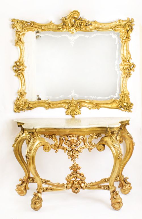 Antique Italian Rococo Revival Carved Giltwood Console & Mirror Circa 1860
