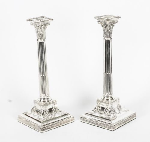 Antique Victorian Pair Neo-classical Silver Plated Candlesticks Late 19th C
