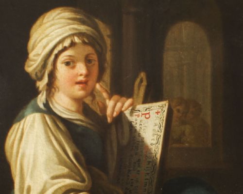 ANTIQUE ITALIAN SCHOOL OIL PAINTING YOUNG LADY READING A SCROLL 19TH C - ADDITIONAL PHOTO 2