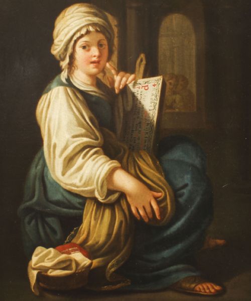 ANTIQUE ITALIAN SCHOOL OIL PAINTING YOUNG LADY READING A SCROLL 19TH C - ADDITIONAL PHOTO 4