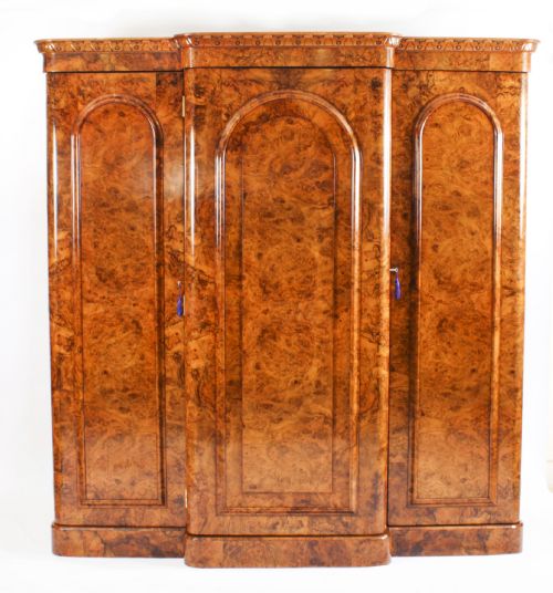 Antique Victorian Burr Walnut Three Door Breakfront Wardrobe 19th C
