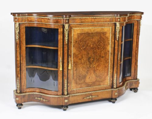Antique Victorian Serpentine Burr Walnut Marquetry Credenza 19th C
