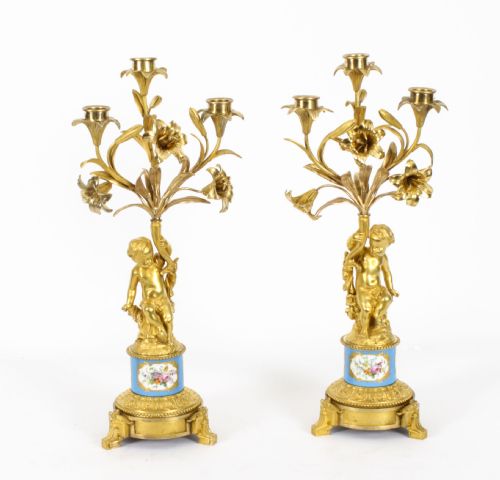 Antique Pair Sevres Bleu Celeste Porcelain & Ormolu Candelabra 19th C
