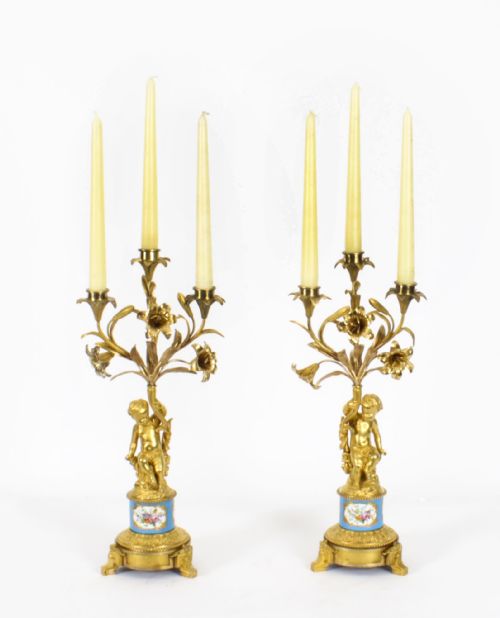 fig 1. Antique Pair Sevres Bleu Celeste Porcelain & Ormolu Candelabra 19th C
