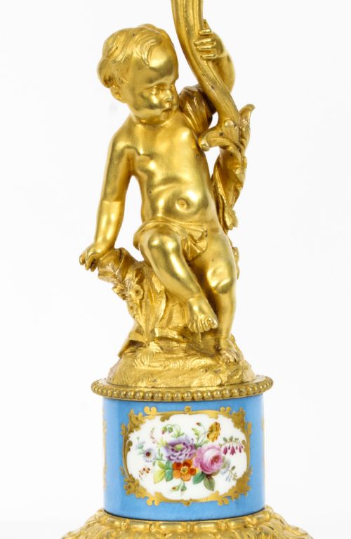 fig 4. Antique Pair Sevres Bleu Celeste Porcelain & Ormolu Candelabra 19th C
