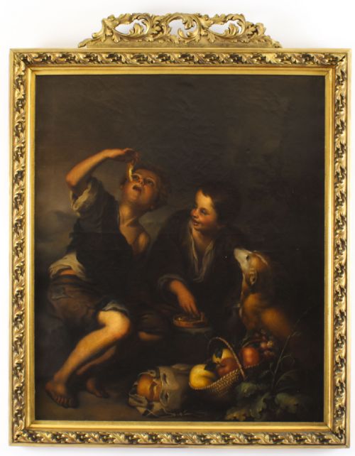 Antique Painting Grape and Melon Eaters After Bartolome' Murillo 18th C
