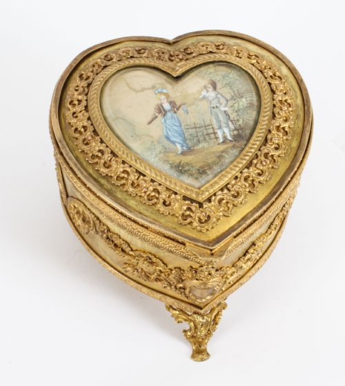 Antique French Ormolu Heart Shaped Jewellery Casket Box 19th C
