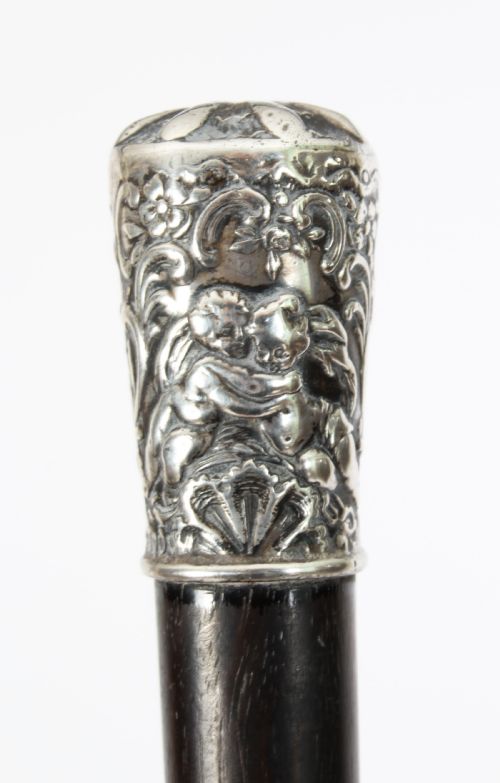 fig 1. Antique Victorian Walking Stick Cane Silvered Pommel Dated 1894