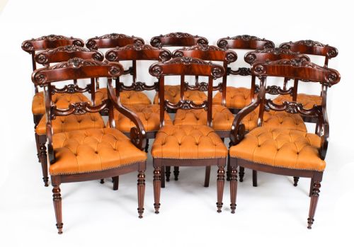 Antique Set 12 Flame Mahogany William IV Dining Chairs C1830 19th C
