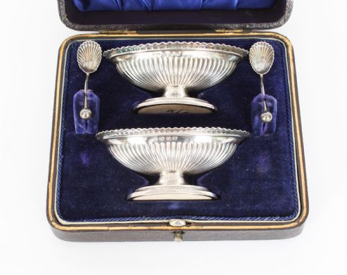 Antique Pair of Sterling Silver Salts & Spoons by William H Leather 1897 19th C
