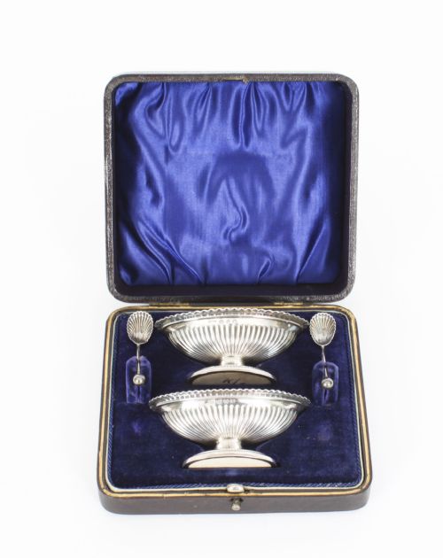 fig 1. Antique Pair of Sterling Silver Salts & Spoons by William H Leather 1897 19th C