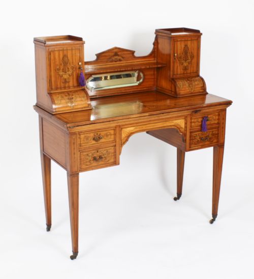 Antique Edwardian Marquetry Inlaid Satinwood Writing Table Desk C1900

