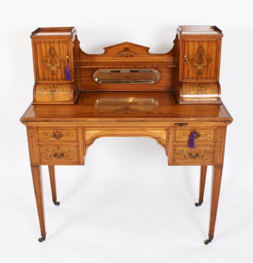 fig 1. Antique Edwardian Marquetry Inlaid Satinwood Writing Table Desk C1900