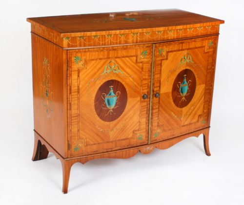 Antique Edwardian Satinwood Hand-painted Bowfront Side Cabinet 19th Century
