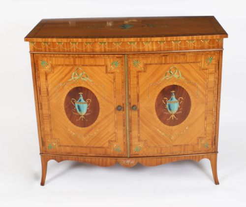 fig 1. Antique Edwardian Satinwood Hand-Painted Bowfront Side Cabinet 19th Century