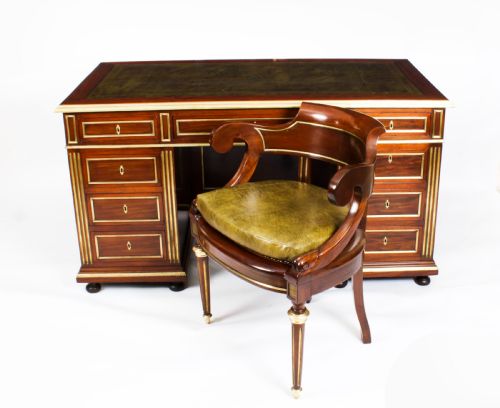 Antique French Directoire Ormolu Mounted Pedestal Desk & Armchair 19th C
