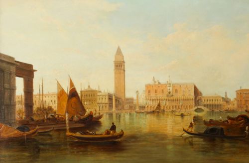 fig 1. Antique Oil Painting Grand Canal Ducal Palace Venice Alfred Pollentine 1882