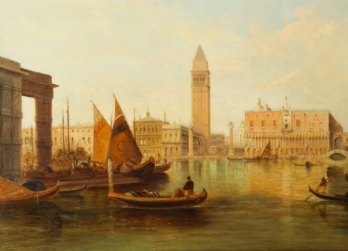 fig 2. Antique Oil Painting Grand Canal Ducal Palace Venice Alfred Pollentine 1882