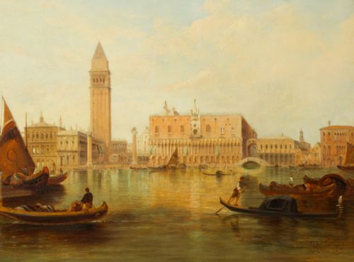 fig 3. Antique Oil Painting Grand Canal Ducal Palace Venice Alfred Pollentine 1882