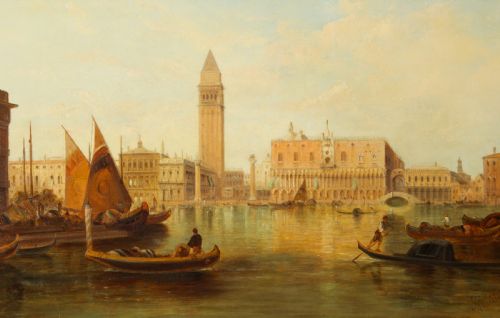 fig 4. Antique Oil Painting Grand Canal Ducal Palace Venice Alfred Pollentine 1882
