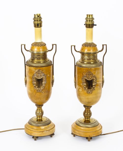 ANTIQUE PAIR FRENCH ORMOLU MOUNTED SIENA MARBLE TABLE LAMPS 19TH CENTURY - ADDITIONAL PHOTO 1