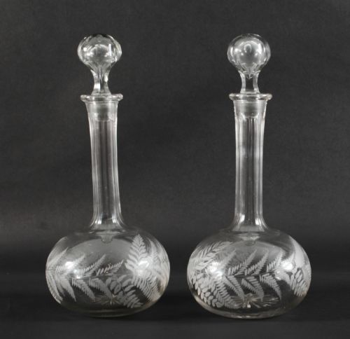 Antique Pair Etched Glass Decanters and Stoppers 19th Century
