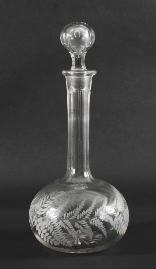 fig 1. Antique Pair Etched Glass Decanters and Stoppers 19th Century