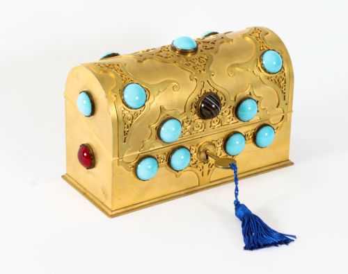 Antique French Ormolu Casket Turquoise Carnelian & Tigers-eye 19th Century
