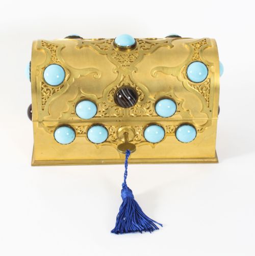 fig 1. Antique French Ormolu Casket Turquoise Carnelian & Tigers-eye 19th Century
