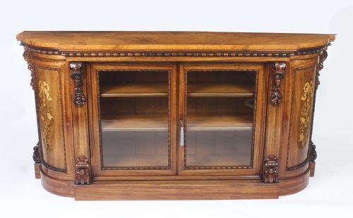 Antique Victorian Burr Walnut & Floral Marquetry Credenza 19th C
