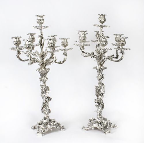 Antique Pair French Rococo Revival 7 Light Silver Plated Candelabra C.1920

