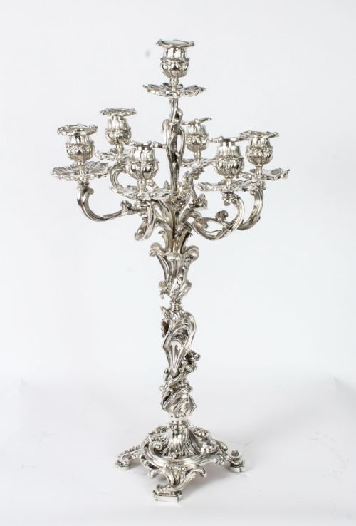 fig 1. Antique Pair French Rococo Revival 7 Light Silver Plated Candelabra c.1920