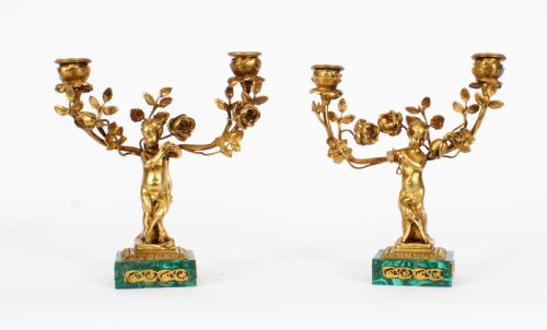 Antique Pair Russian Malachite & Gilt Bronze Candelabra 19th C
